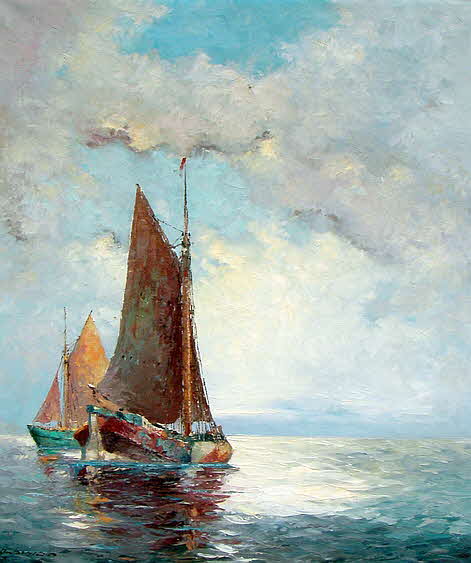 Jonas Ambroich - zwei Fischerboote auf hoher See bei  Ausfahrt in der Morgend�mmerung um 1960 - 80 x 50 cm - 39 € mtl./K 650 €