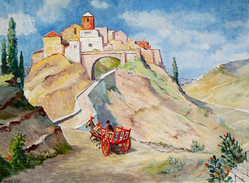 Tibor - Caretta Siziliano mit Bergdorf - Italien - um 1980 - 80 x 104 cm - 59 € mtl./K 950 €