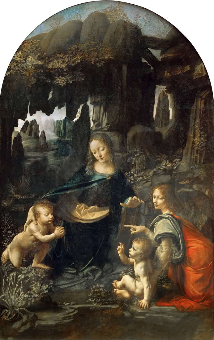 Leonardo da Vinci (* 15. April 1452 in Anchiano bei Vinci; � 2. Mai 1519 auf Schloss Clos Luc�, Amboise; eigentlich Leonardo di ser Piero, toskanisch auch Lionardo) war ein italienischer Maler, Bildhauer, Architekt, Anatom, Mechaniker, Ingenieur und Naturphilosoph. Er gilt als einer der ber�hmtesten Universalgelehrten aller Zeiten.  Die Felsgrottenmadonna ist ein Gem�lde von Leonardo da Vinci. Es zeigt die Jungfrau Maria mit dem Christuskind, dem Johannesknaben und einem Engel in einer Felsgrotte, gemalt mit �l auf Holz. Das Bild entstand um 1483�1486 (Ma�e: 199 � 122 cm) und ist im Louvre in Paris zu sehen.
