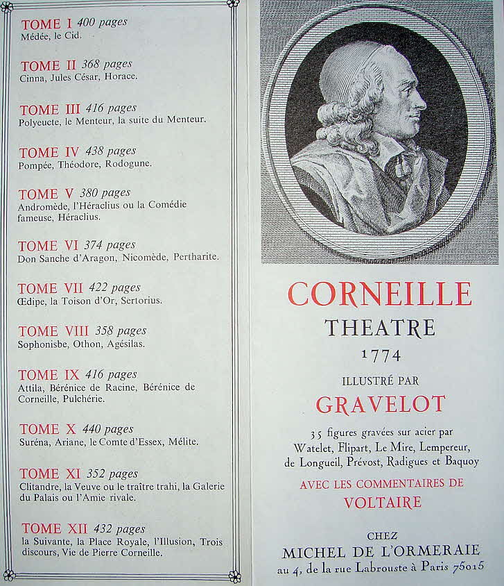 Pierre Corneille (* 6. Juni 1606 in Rouen; � 1. Oktober 1684 in Paris) war ein franz�sischer Autor, der vor allem als Dramatiker aktiv war. Im europ�ischen Ma�stab gesehen geh�rt er mit seinem gesamten Schaffen dem Zeitalter des Barock an. Er gilt neben Moli�re und Jean Racine als einer der gro�en Theaterautoren der franz�sischen Klassik.

Zw�lf B�cher in Leder gebunden und auf Pergament gedruckt - Herausgeber Michel de L'Ormeraie, Paris 1972
27 x 20 x 4 cm   -  89 € mtl./K 950 €