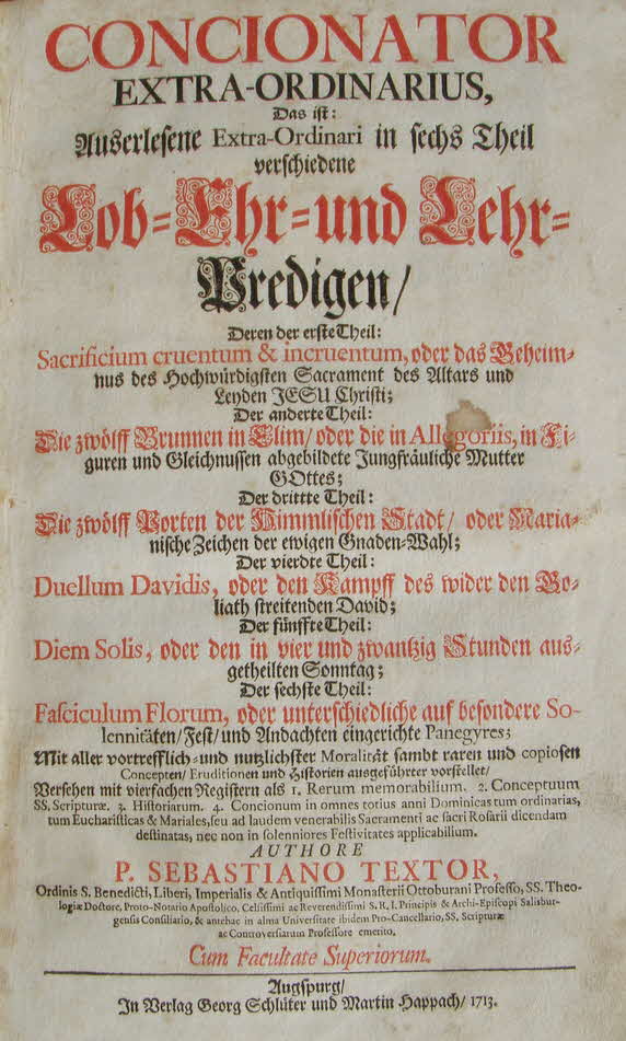 Sebastian Textor - Lob-Ehr-und Lehrpredigten - verlegt bei Schl�ter und Happach Augspurg 1713 - 32 x 21 x 8 cm - 650 S. -  59 € mtl./K 650 €