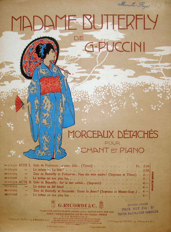 Giacomo Puccini (* 22. Dezember 1858 in Lucca; � 29. November 1924 in Br�ssel) war ein italienischer Komponist.

Madama Butterfly. Tragedia giapponese (2 Akte). Libretto Luigi Illica, Giuseppe Giacosa. Erstauff�hrung 17. Februar 1904 Mailand (Teatro alla Scala)
Revidierte Fassung Erstauff�hrung 28. Mai 1904 Brescia (Teatro Grande)
2. revidierte Fassung Erstauff�hrung 10. Juli 1905 London (Royal Opera House)
3. revidierte Fassung Erstauff�hrung 28. Dezember 1905 Paris (Op�ra-Comique)
Libretto1907 - Anfang 2. Akt Solo in frz.Sprache - 39 € mtl./K 350 €
