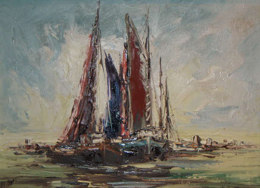 Bunte Ansammlung von Segelbooten an der Mole eines kleinen Ostseehafens in der Abendd�mmerung um 1970 - 30 x 40 cm - 39 € mtl./K 450 €